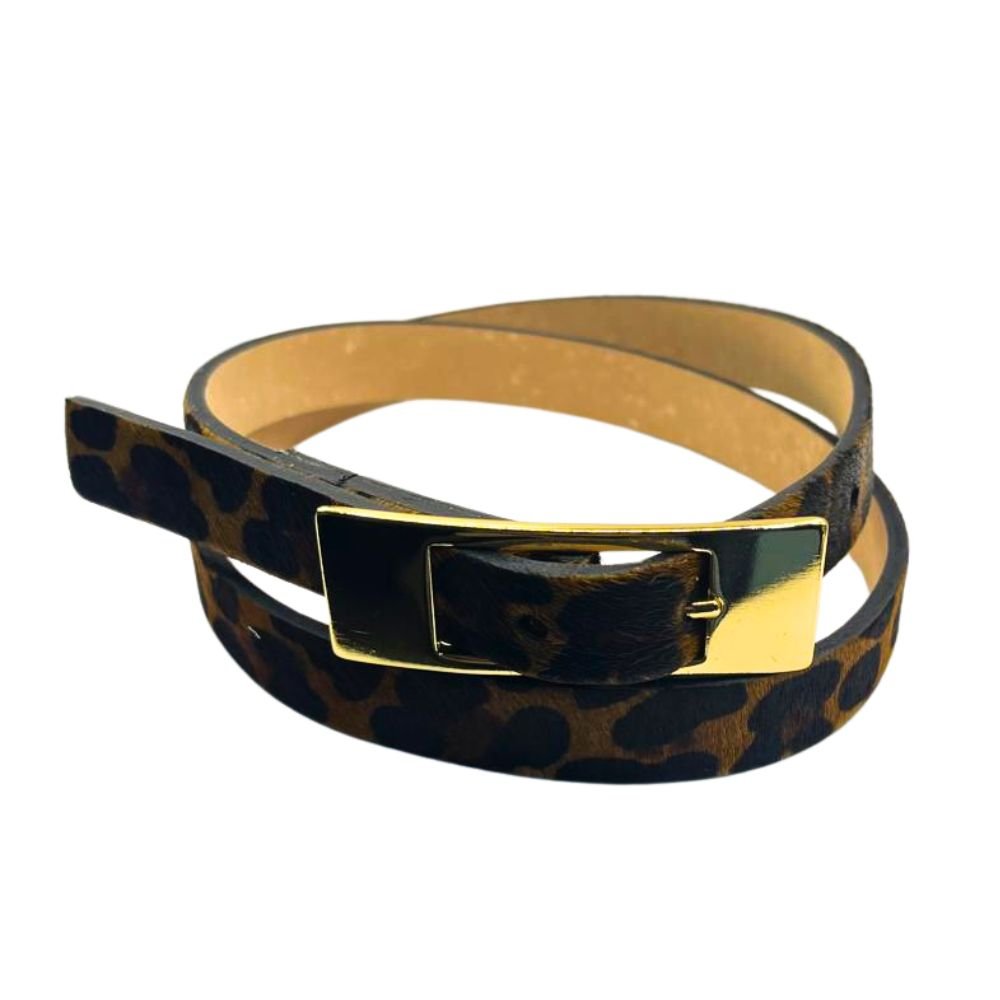 Cinto Feminino de Couro Legitimo Leopardo 2 cm de Largura Fivela Dourada Pelo Leopardo 1