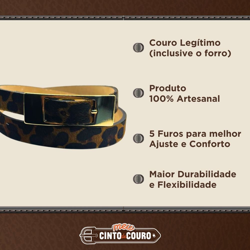 Cinto Feminino de Couro Legitimo Leopardo 2 cm de Largura Fivela Dourada Pelo Leopardo 3