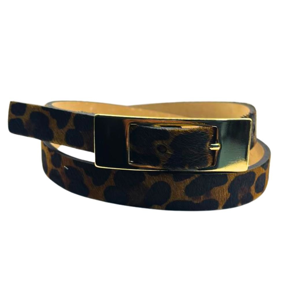 Cinto Feminino de Couro Legitimo Leopardo 2 cm de Largura Fivela Dourada Pelo Leopardo 4