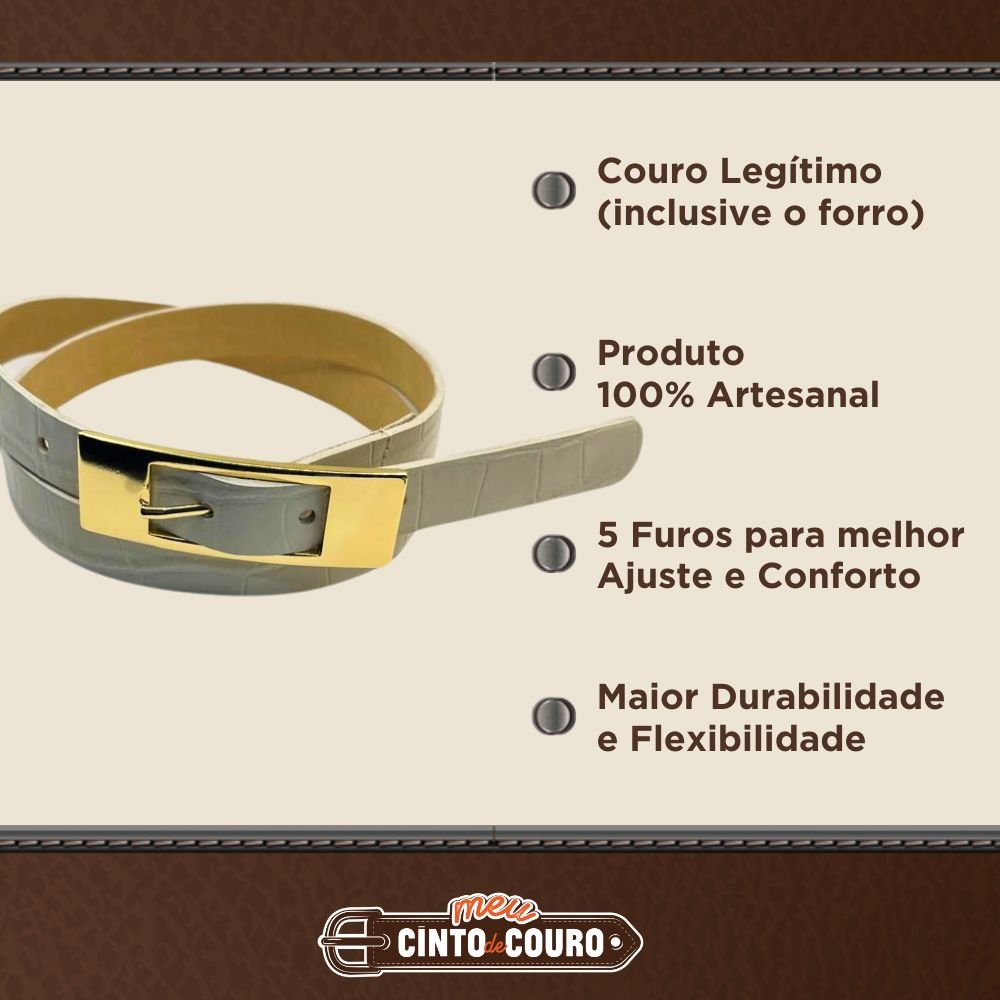 Cinto Feminino de Couro Legitimo Croco Marfim 2 cm de Largura Fivela Dourada Croco Marfim 3