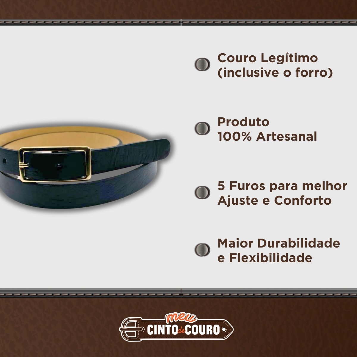 Cinto Feminino Couro Legitimo Fivela Retangular Dourado Preto 2 cm de Largura Preto 4