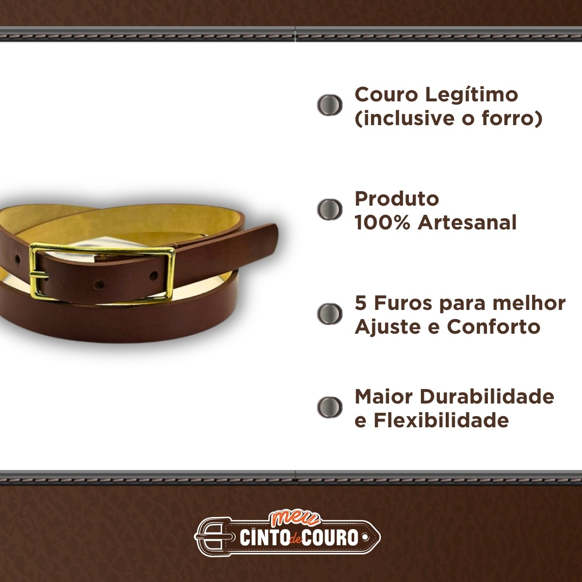 Cinto Feminino de Couro Legitimo Marrom com Fivela Retangular Dourada 2 cm de Largura Tabaco 2