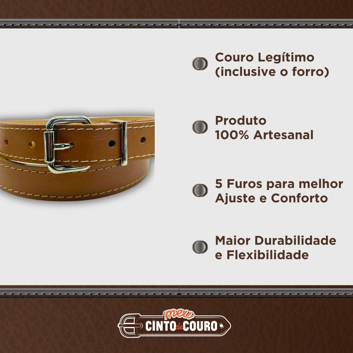 Cinto Feminino de Couro Caramelo Fivela Quadrada Rolete e Passante Niquel 2 cm de Largura Avelã 2