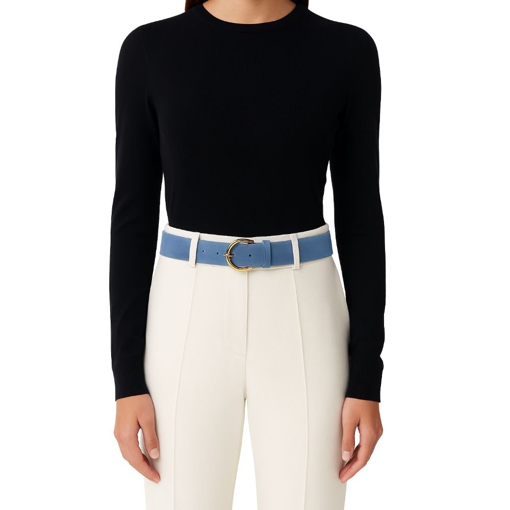 Cinto Feminino Couro Legitimo Camurca Azul 3cm de Largura Fivela Redonda Dourada Azul 3