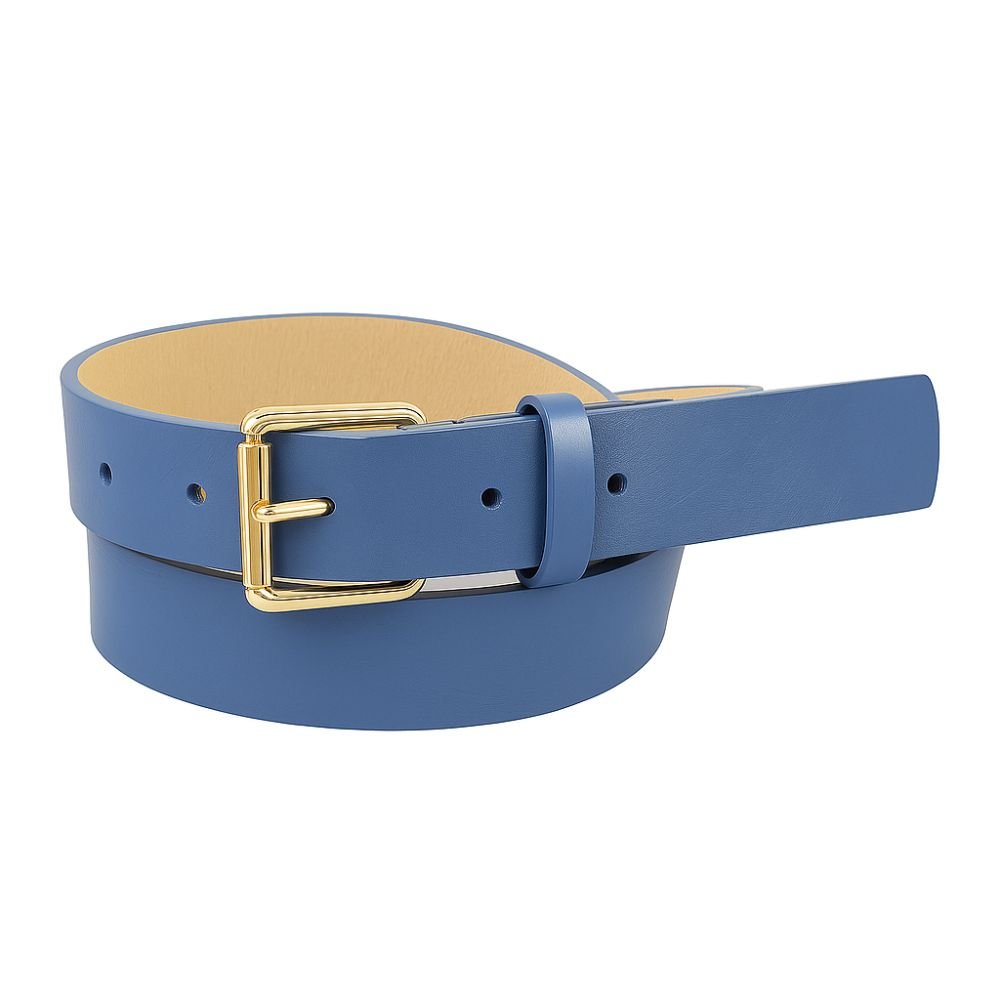 Cinto Feminino Couro Legitimo Azul 2,5cm de Largura Fivela Retangular Dourada