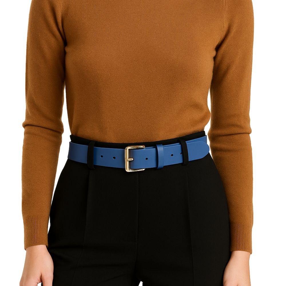Cinto Feminino Couro Legitimo Azul 2,5cm de Largura Fivela Retangular Dourada Azul 2