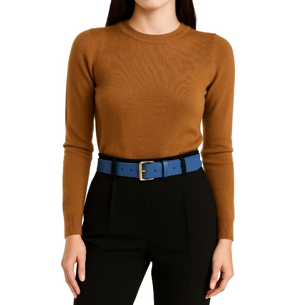 Cinto Feminino Couro Legitimo Azul 2,5cm de Largura Fivela Retangular Dourada Azul 3