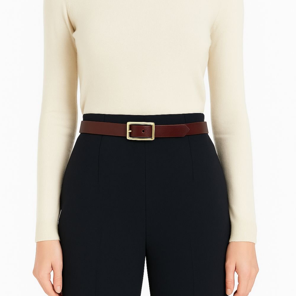 Cinto Feminino Couro Legitimo Pink 2cm de Largura Fivela Retangular Dourada Marrom 2