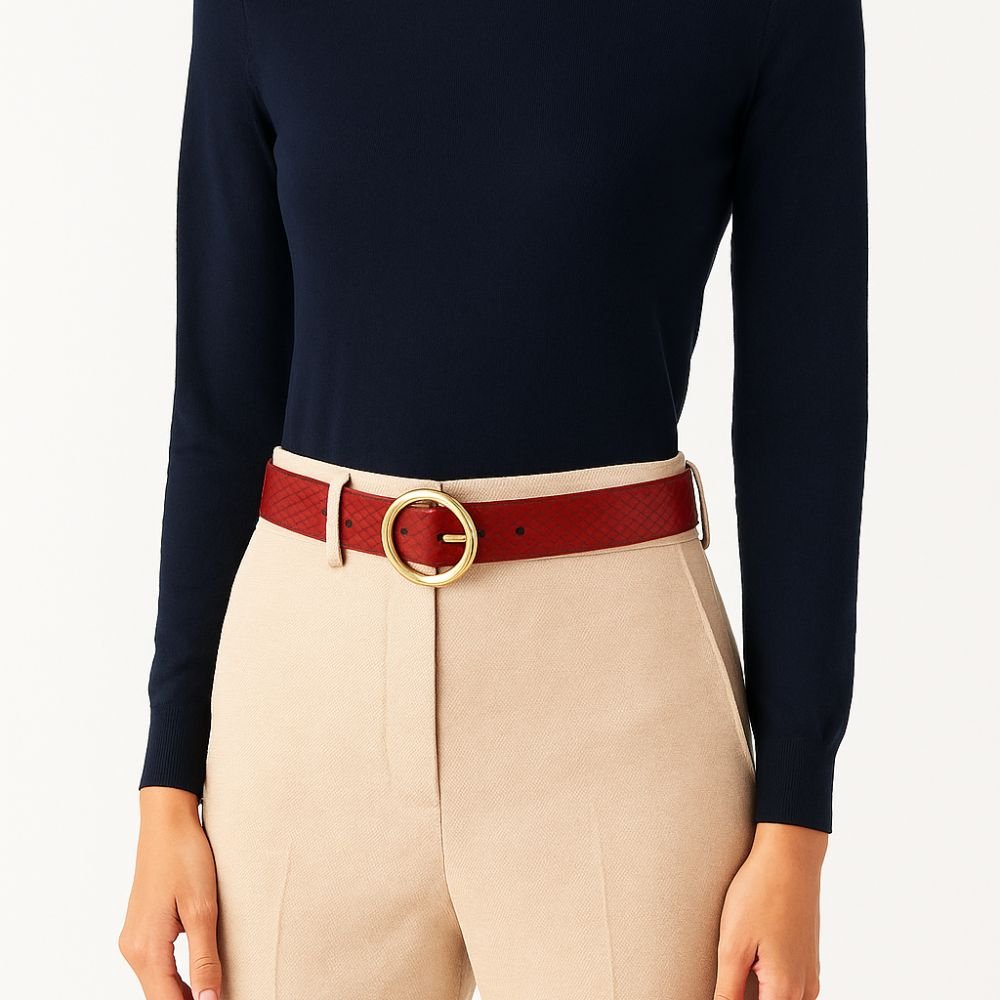 Cinto Feminino Couro Legitimo Cobra Vermelho 3,5cm de Largura Fivela Redonda Dourada Vermelho 2