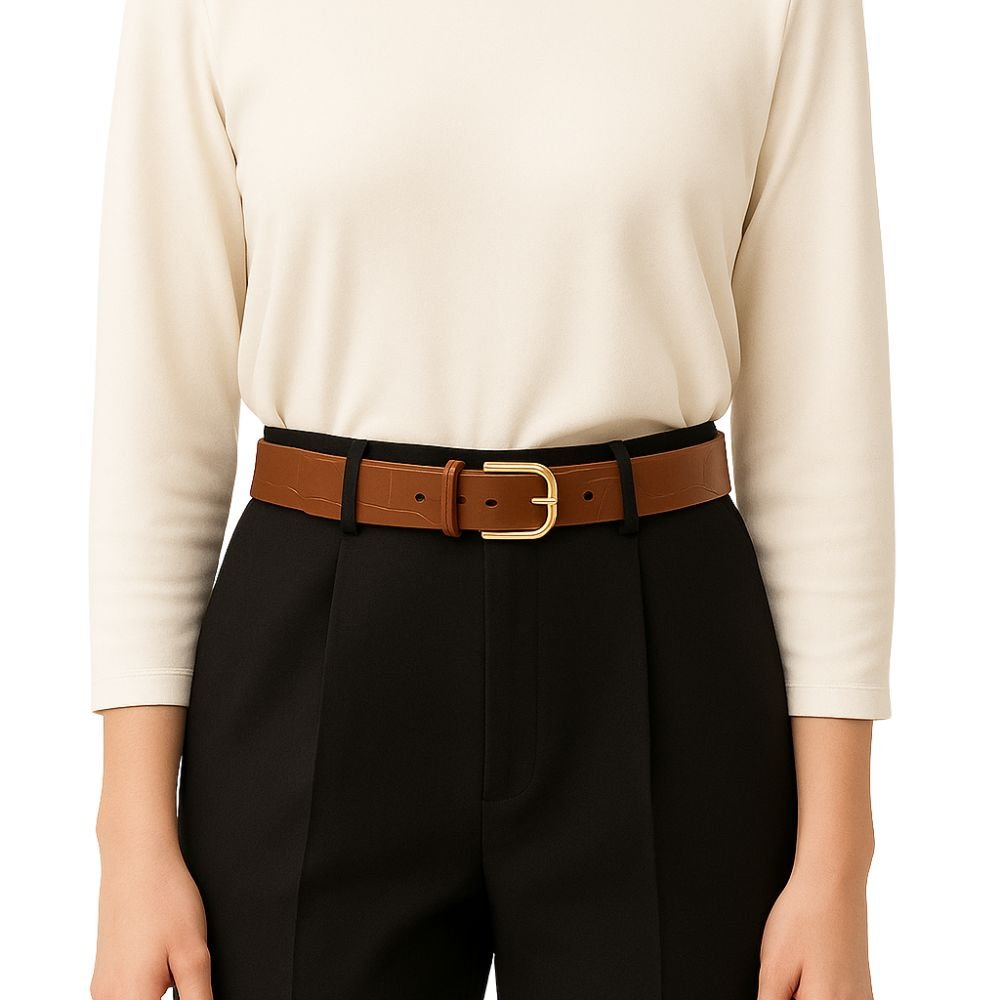 Cinto Feminino Couro Legitimo Camurca Croco Marrom Claro 4cm de Largura Fivela Retangular Dourada Marrom 2