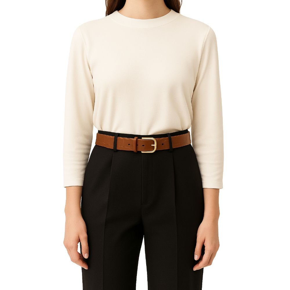 Cinto Feminino Couro Legitimo Camurca Croco Marrom Claro 4cm de Largura Fivela Retangular Dourada Marrom 3