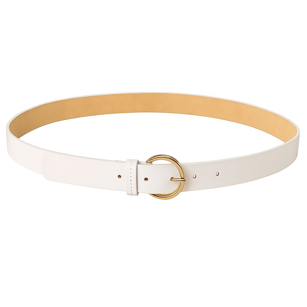 Cinto Feminino Couro Legitimo Marfim 2,5cm de Largura Fivela Redonda Dourada Branco 1