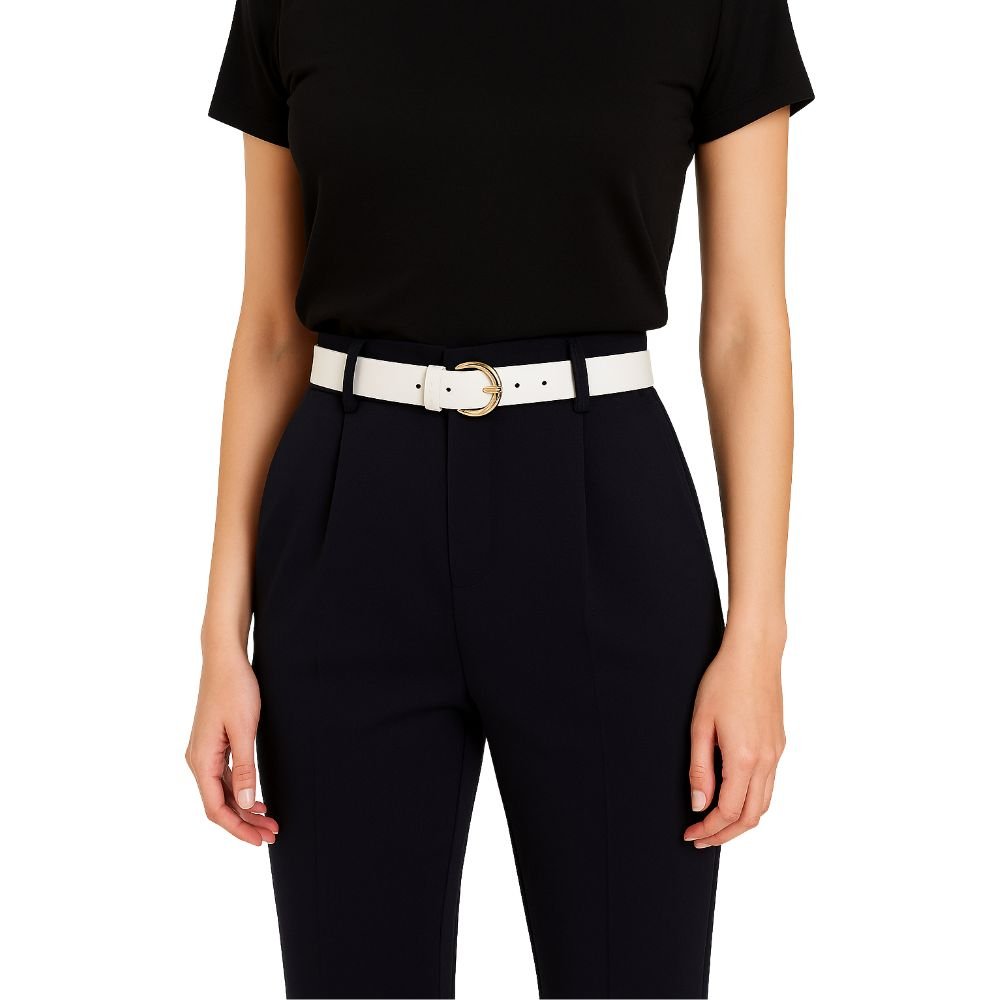 Cinto Feminino Couro Legitimo Marfim 2,5cm de Largura Fivela Redonda Dourada Branco 2