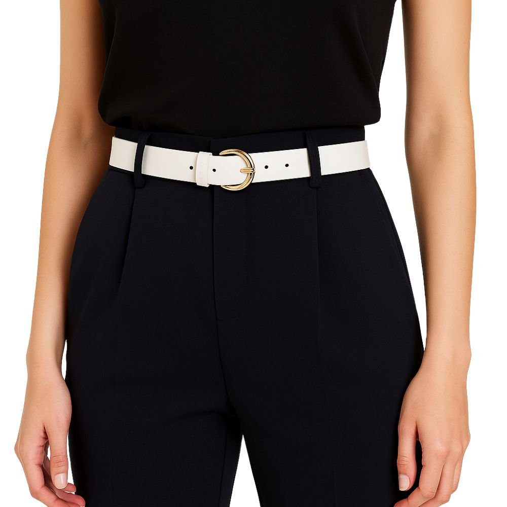 Cinto Feminino Couro Legitimo Marfim 2,5cm de Largura Fivela Redonda Dourada Branco 3