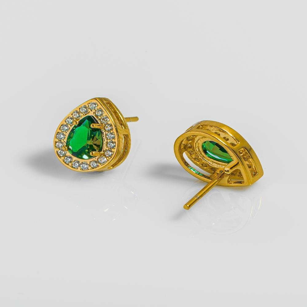 Brinco Gota Cravejado em Zircônias Esmeralda 10x12mm Ouro