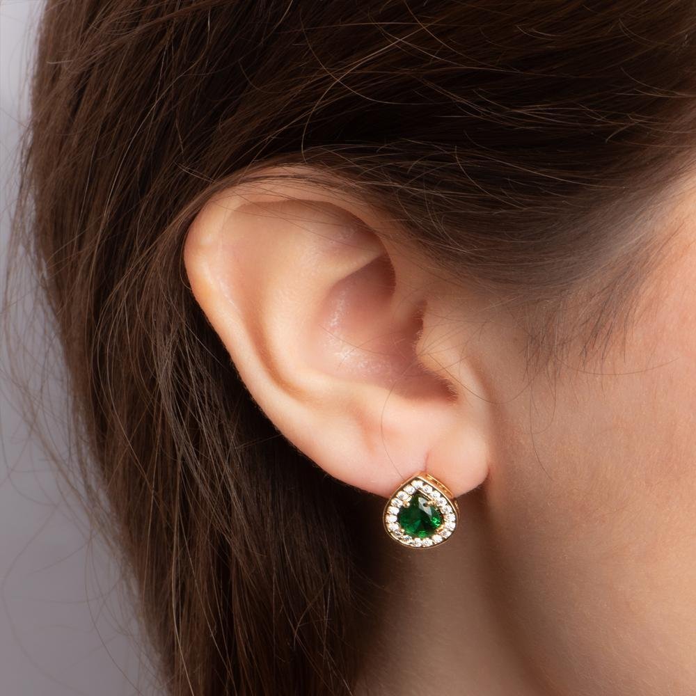 Brinco Gota Cravejado em Zircônias Esmeralda 10x12mm Ouro Dourado 4