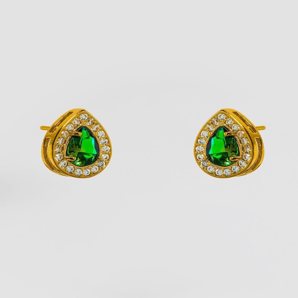 Brinco Gota Cravejado em Zircônias Esmeralda 10x12mm Ouro Dourado 5