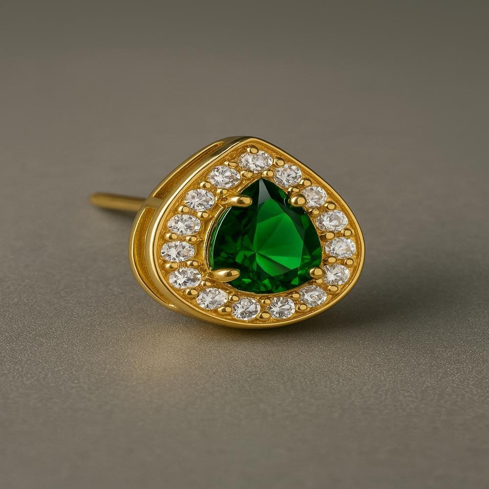 Brinco Gota Cravejado em Zircônias Esmeralda 10x12mm Ouro Dourado 7