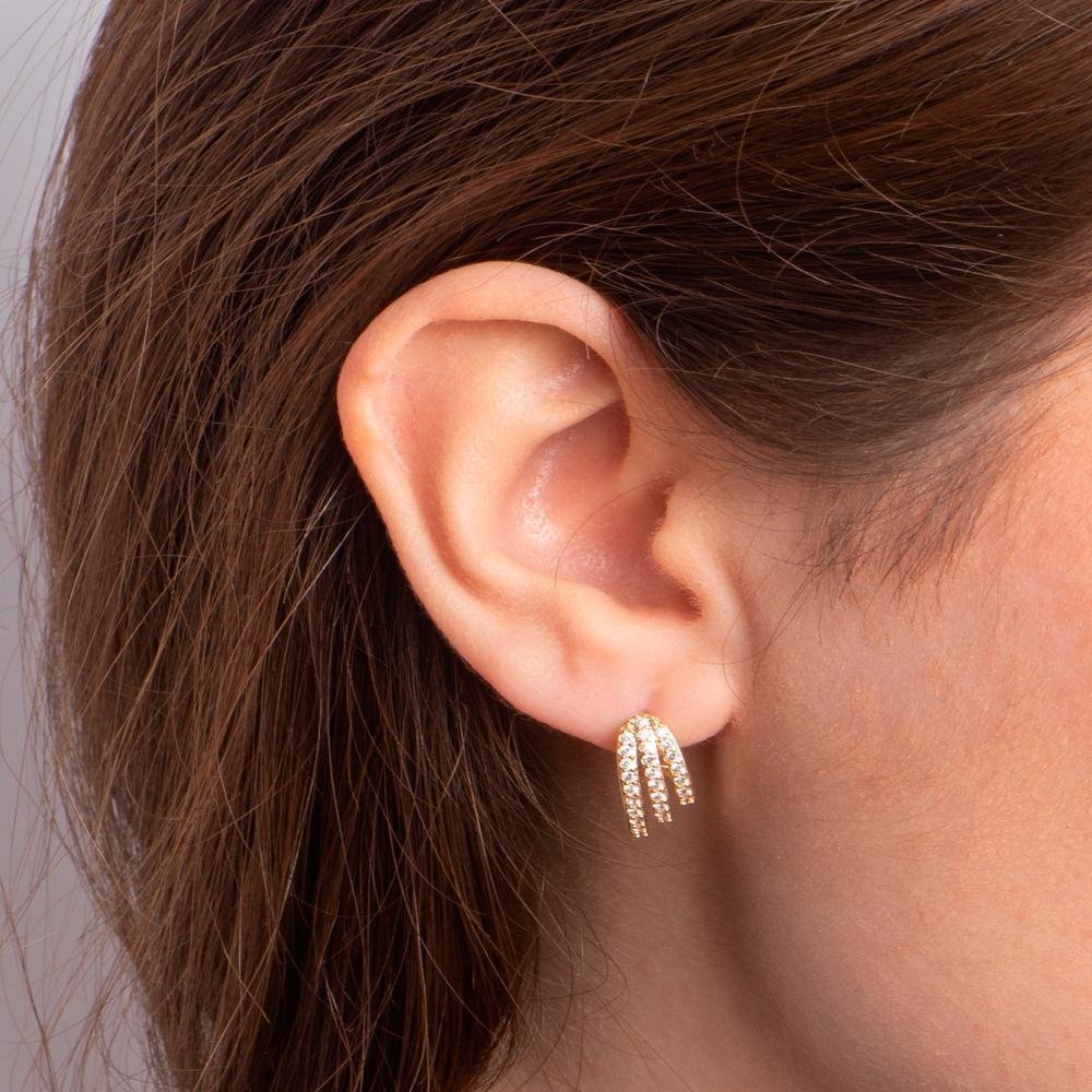 Brinco Três Fios Cravejado em Zircônias Ouro Dourado 4