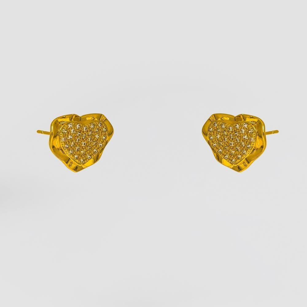 Brinco Coração Cravejado em Zircônias Lateral Lisa Ondulado 12x14mm Ouro Dourado 1