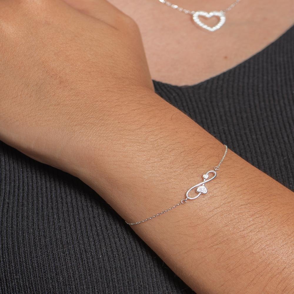 Pulseira Infinito Coração Duplo com Zircônias Corrente de Elinho Prata 925 Prata 2