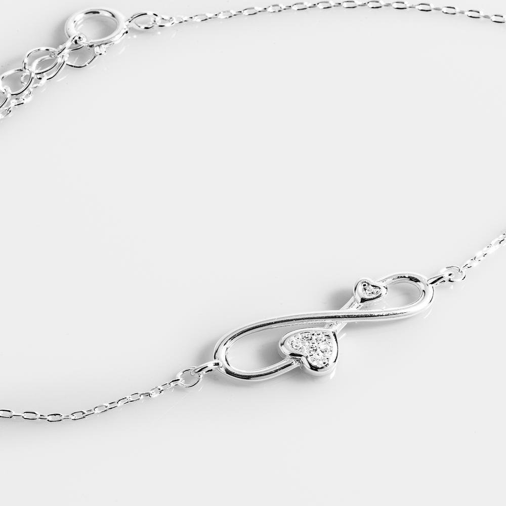 Pulseira Infinito Coração Duplo com Zircônias Corrente de Elinho Prata 925 Prata 3