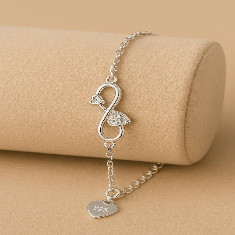 Pulseira Infinito Coração Duplo com Zircônias Corrente de Elinho Prata 925 Prata 5