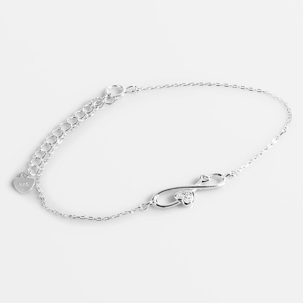 Pulseira Infinito Coração Duplo com Zircônias Corrente de Elinho Prata 925 Prata 7