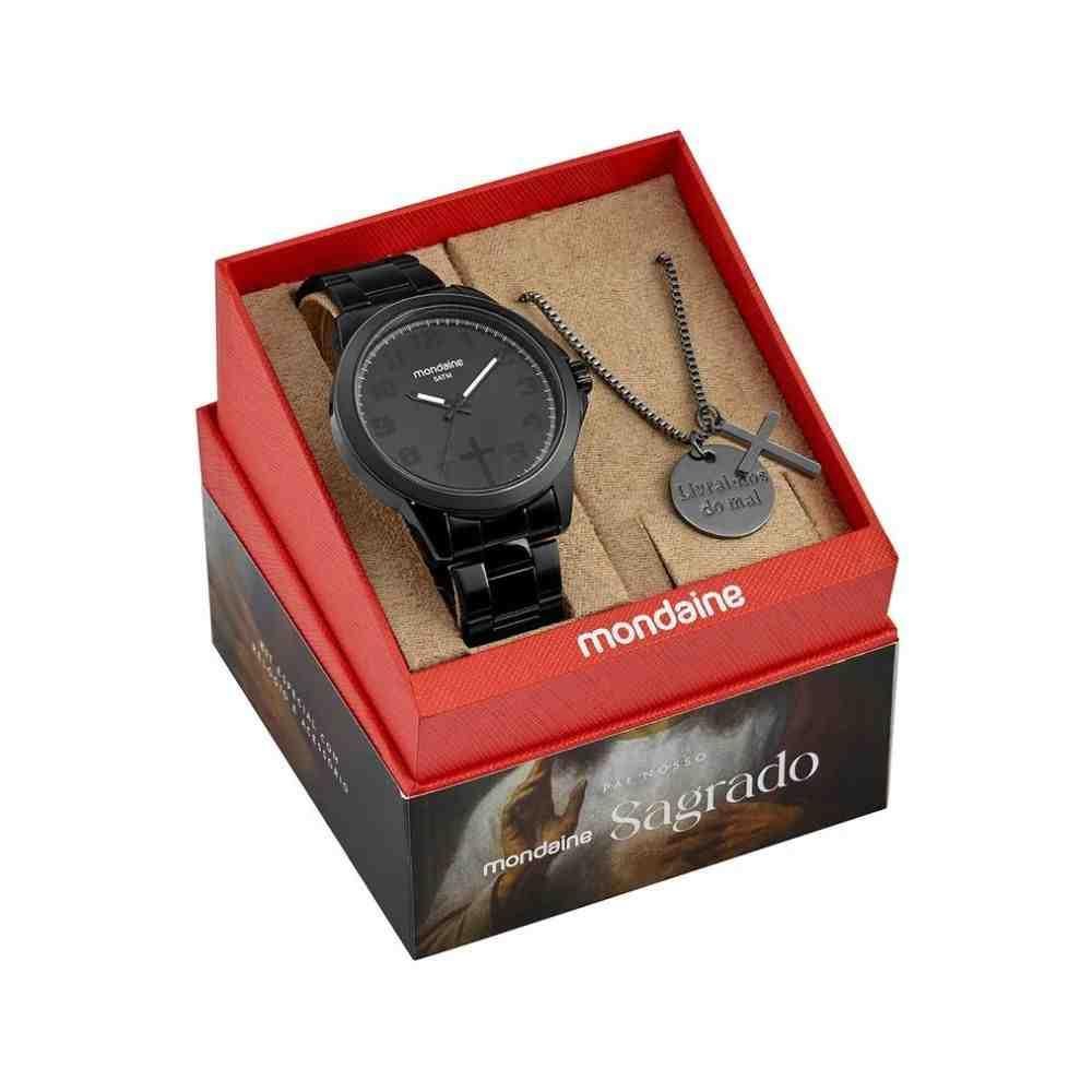Kit Relógio+Cordão Sagrado Pai Nosso Preto Masculino 99753G 