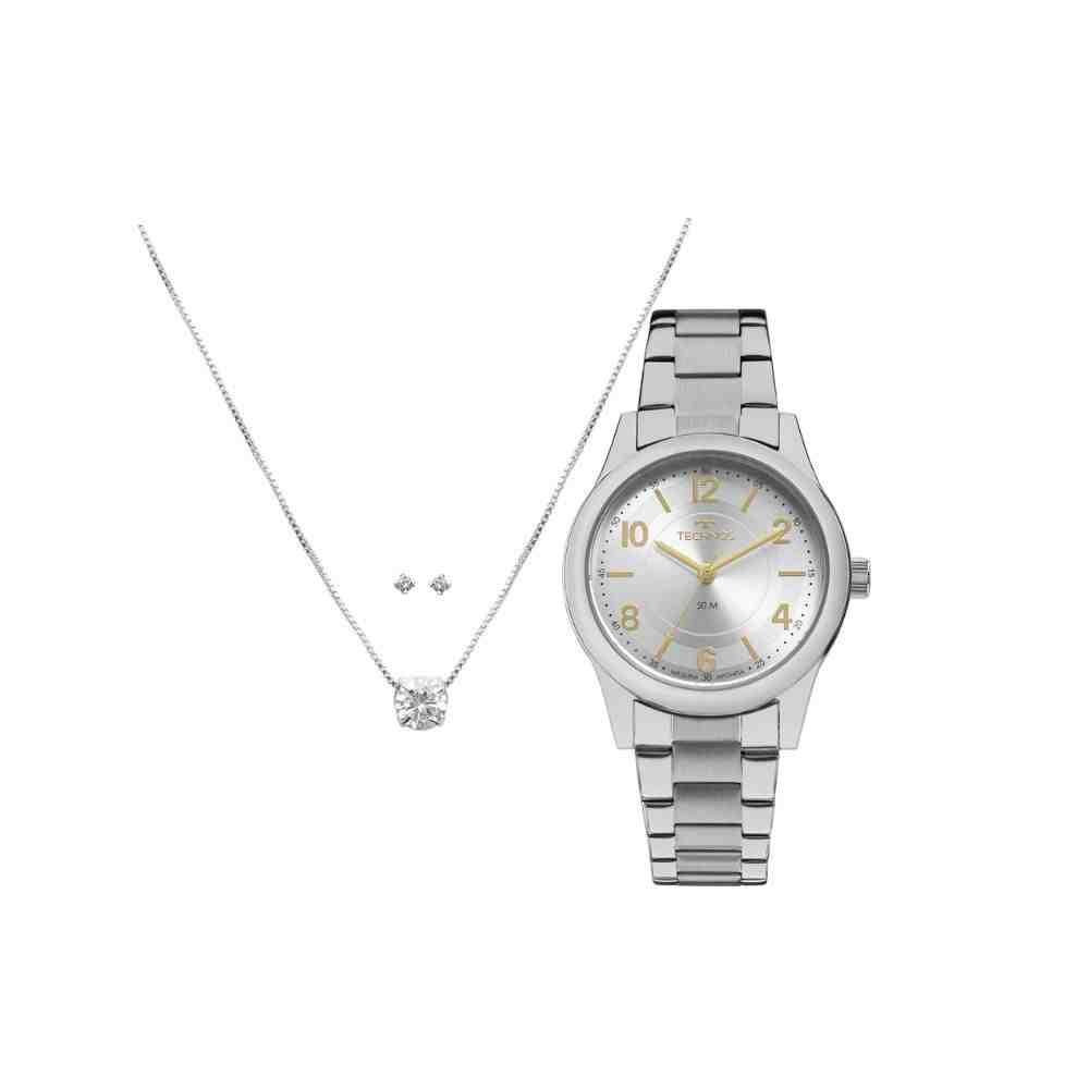 Kit Relógio + Cordão e Brincos Technos Prata Feminino 2035MFUS/K3K