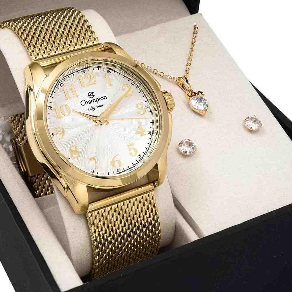 Kit Relógio Champion Elegance Dourado Feminino CN27572E