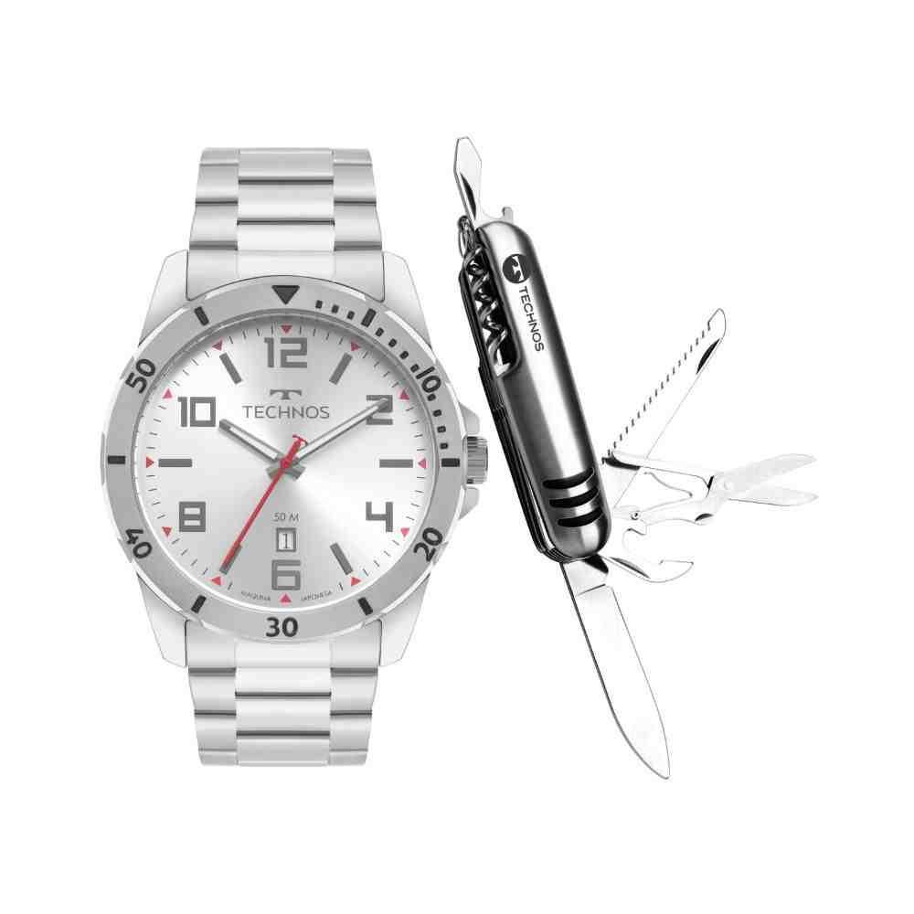Kit Relógio + Kit Manicure Technos Militar Prata Masculino 2115NCJ/K1K