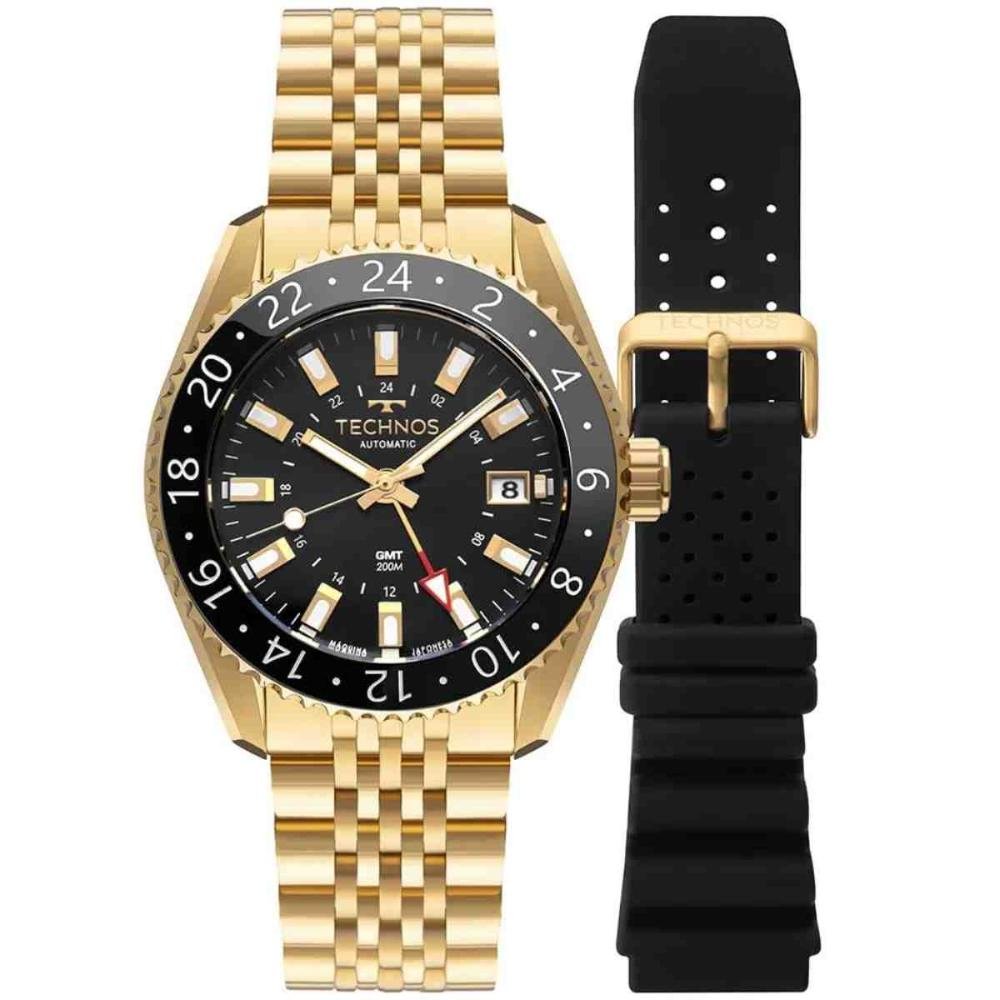Relógio Technos Automático GMT Troca Pulseira Dourado Masculino NH34AB/T1P
