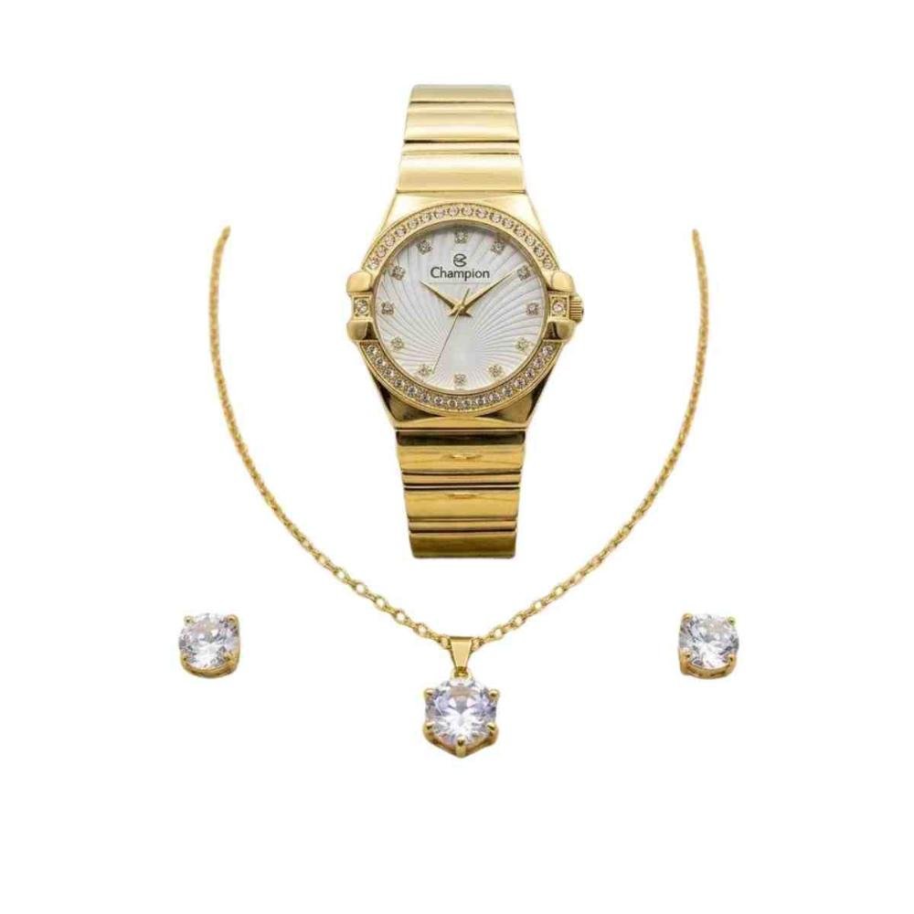 Kit Relógio + Colar e Brincos Champion Dourado Femiinino CF25358W 