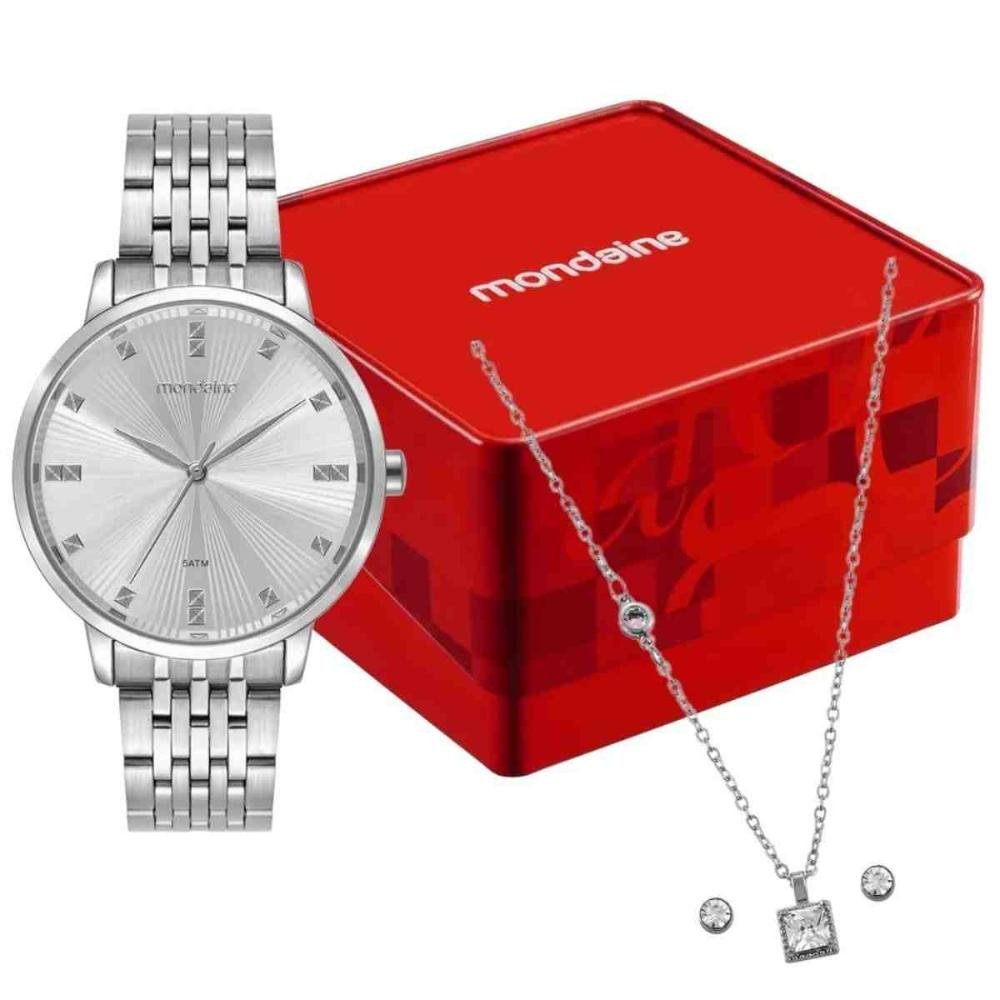 Kit Relógio + Colar e Brincos Mondaine Prata Feminino 99922L0MKNE2K1 