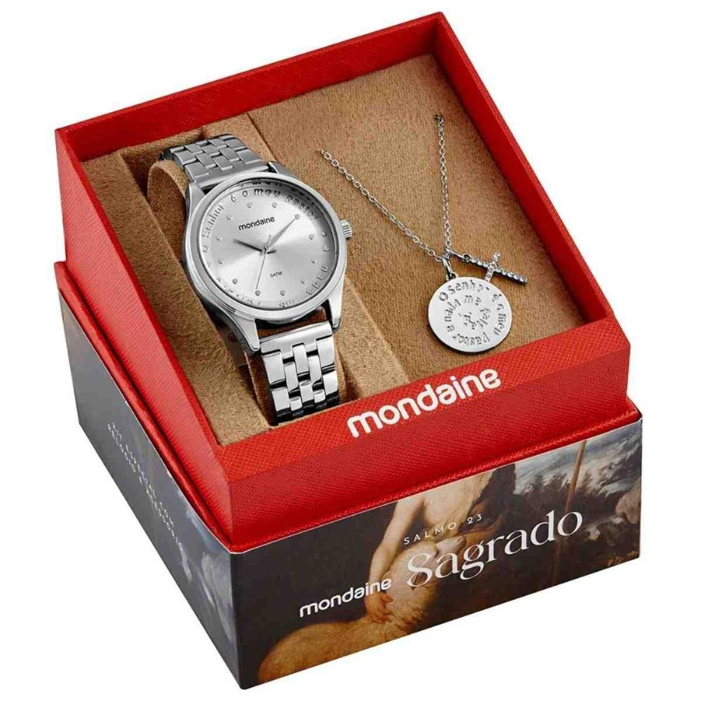 Kit Relógio + Colar Mondaine Sagrado Salmo 23 Prata Feminino 99748L0MKNE3K1 