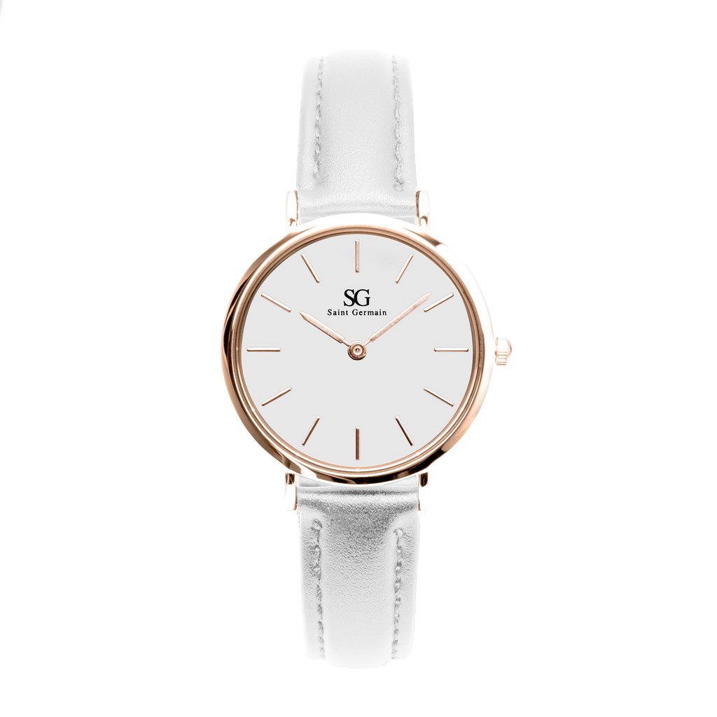 Relógio Feminino Branco Pulseira De Couro Queens Rosé Gold 32mm