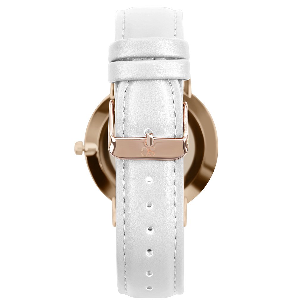 Relógio Feminino Branco Pulseira De Couro Queens Rosé Gold 32mm Prata 3