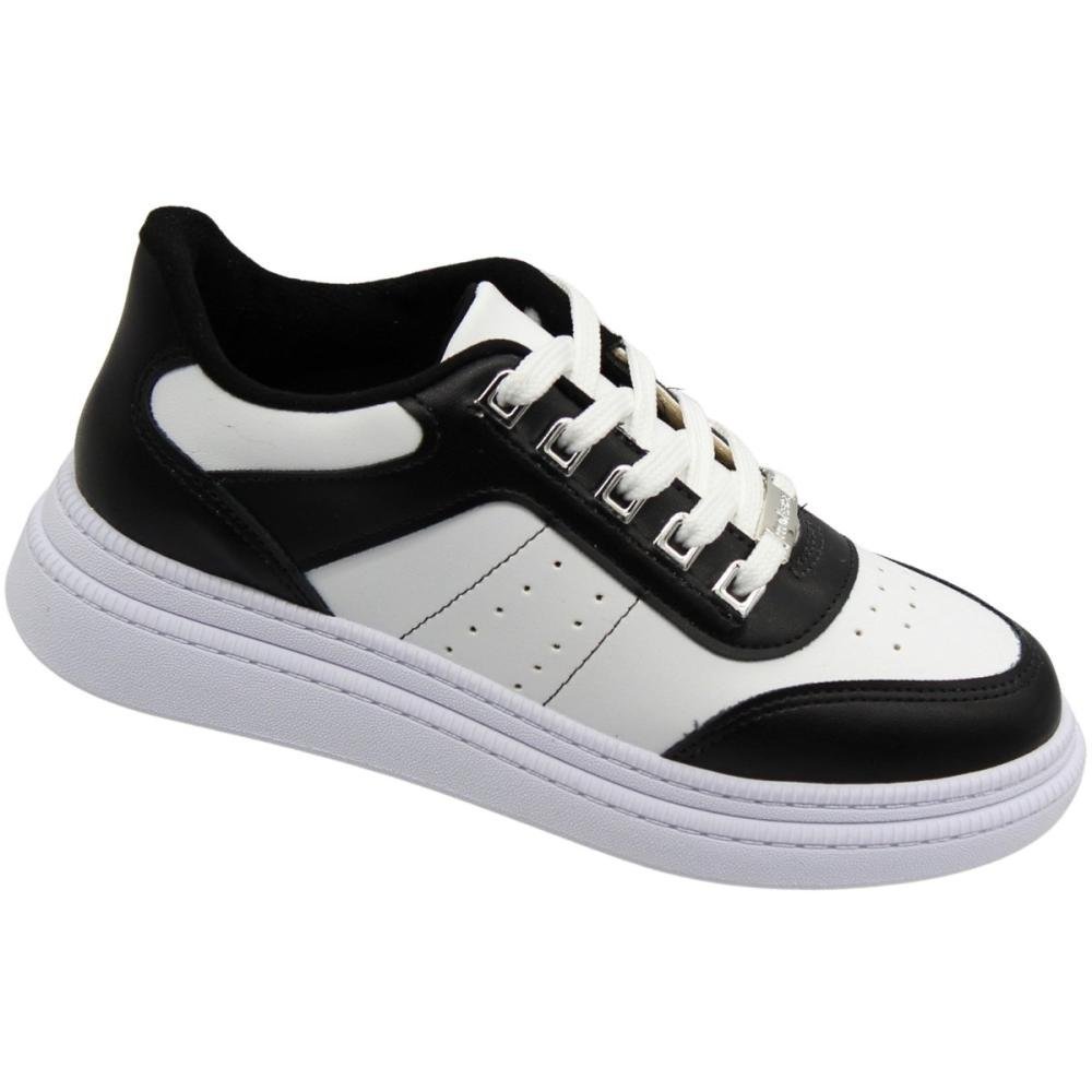 Tênis Casual Moleca Atacadores Metalizados Acolchoado Feminino Branco/Preto 3