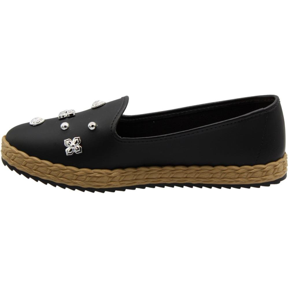 Sapatilha Mocassim Moleca Entressola Tramada Apliques Metalizados Feminina Preto 2