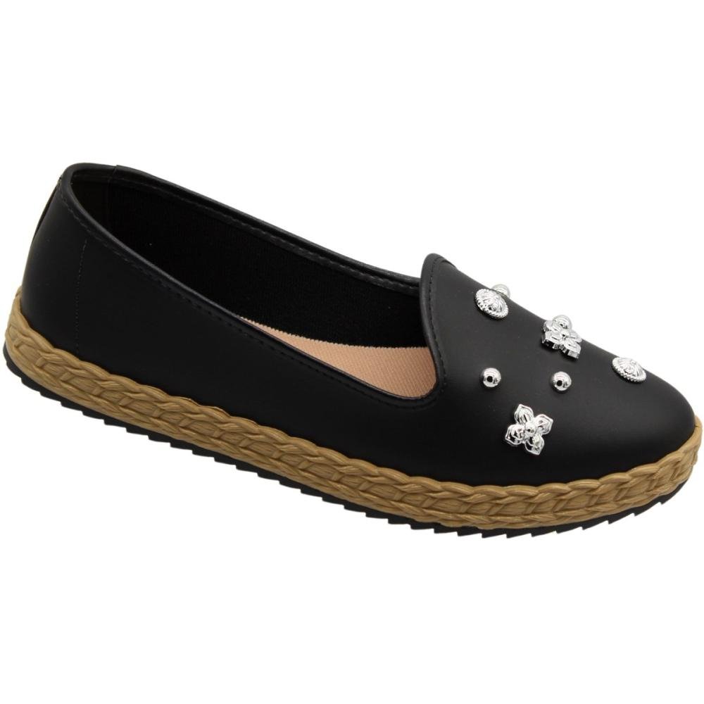 Sapatilha Mocassim Moleca Entressola Tramada Apliques Metalizados Feminina Preto 3