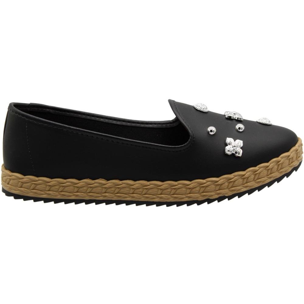 Sapatilha Mocassim Moleca Entressola Tramada Apliques Metalizados Feminina Preto 1