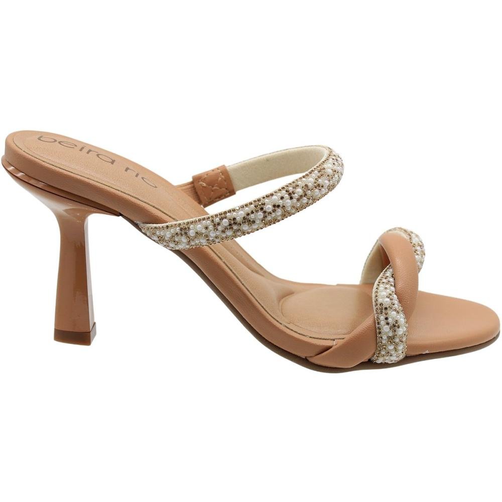 Tamanco Beira Rio Tiras Napa Strass Salto Médio Feminino     Bege 2