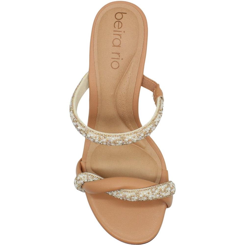 Tamanco Beira Rio Tiras Napa Strass Salto Médio Feminino     Bege 4