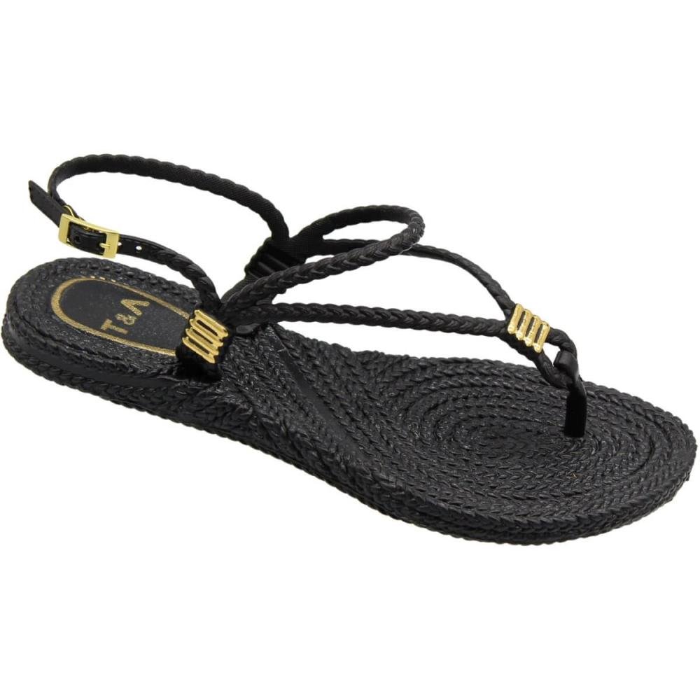 Sandália Rasteira Terra e Água Tiras Trançadas Texturizada Feminina Preto 3