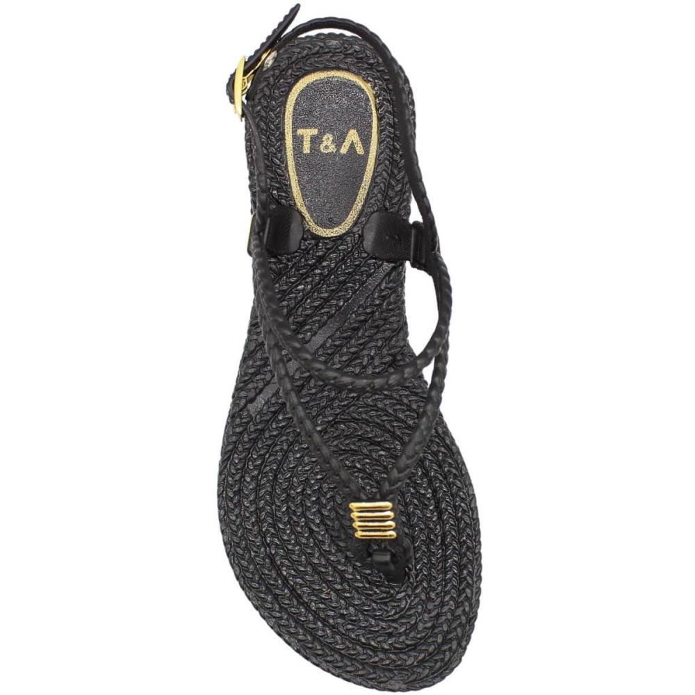 Sandália Rasteira Terra e Água Tiras Trançadas Texturizada Feminina Preto 4