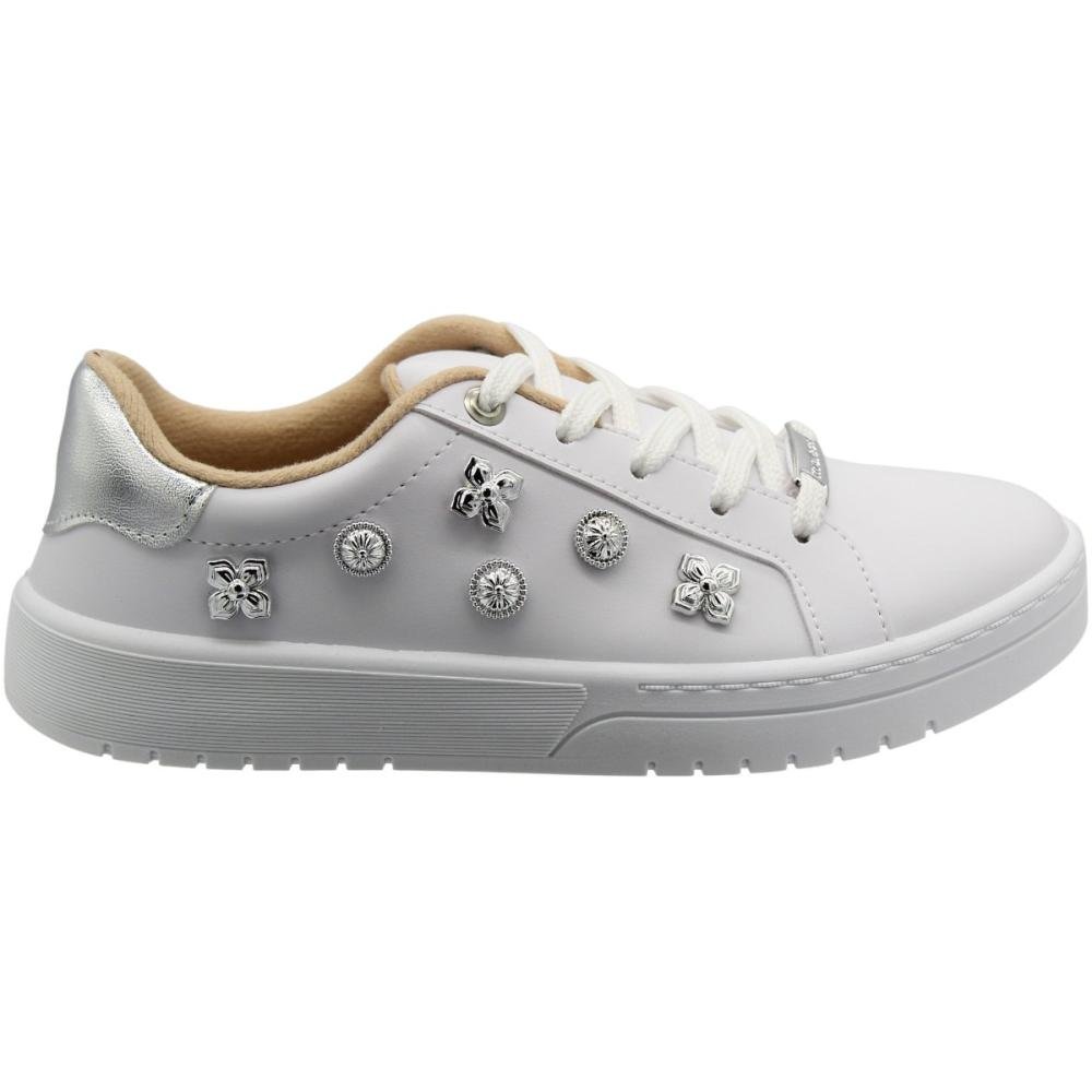 Tênis Casual Moleca Aplique Metalizados Macio Feminino Branco 1