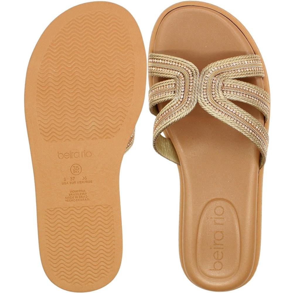 Tamanco Slide Beira Rio Tiras Transversais Strass Feminino Bege 3