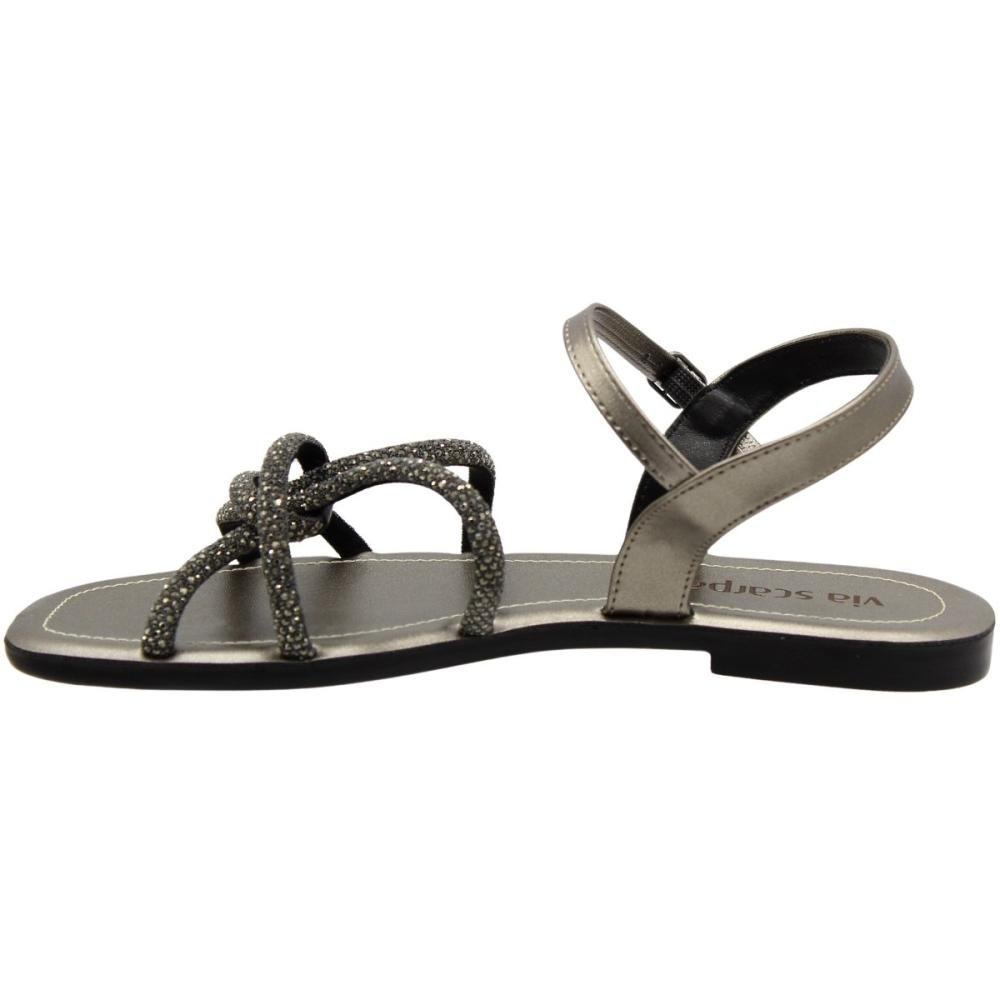 Sandália Rasteira Via Scarpa Fivela Tiras com Strass Feminina Prata 2