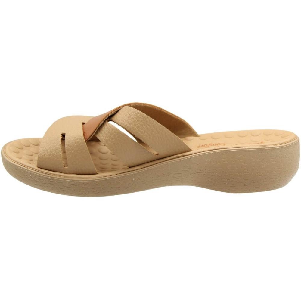 Tamanco Slide Terra E Água Comfort Tiras Cruzadas Feminino Bege